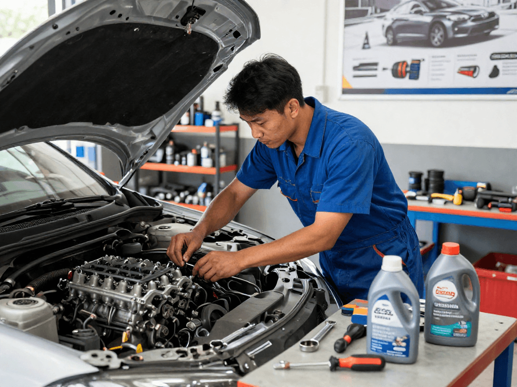 El limpiador de carburadores en un taller mecánico, herramientas y motor expuestos.