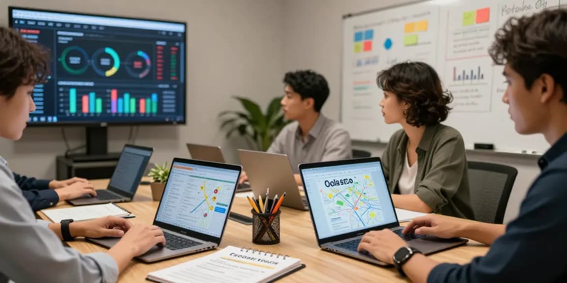 Optimización de agencia SEO local mostrando equipo analizando datos en Google Maps.