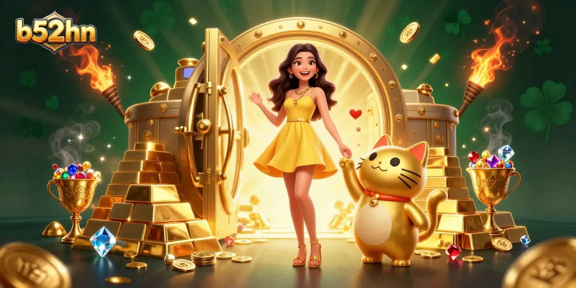 Engage with thrilling b52hn gaming action featuring a cheerful woman and golden lucky cat amidst treasures.
