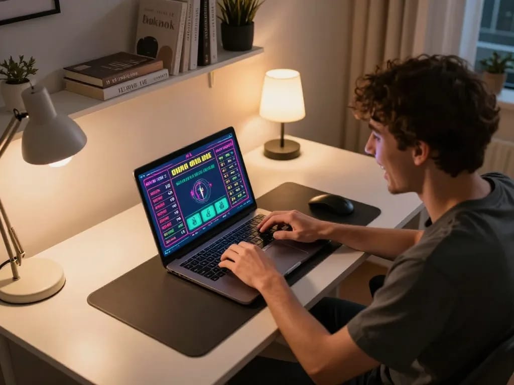Engaging in đánh đề online with excitement at a modern home gaming setup.