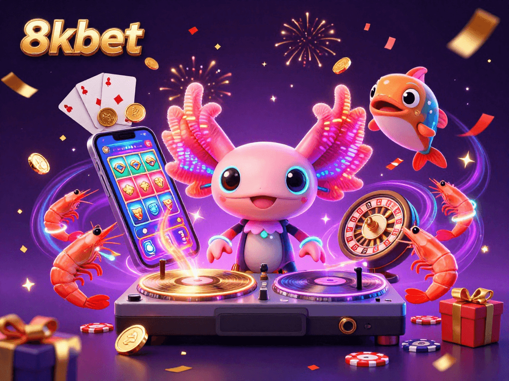 Join the excitement at 8xbet with vibrant characters enjoying thrilling casino games amidst dynamic action.