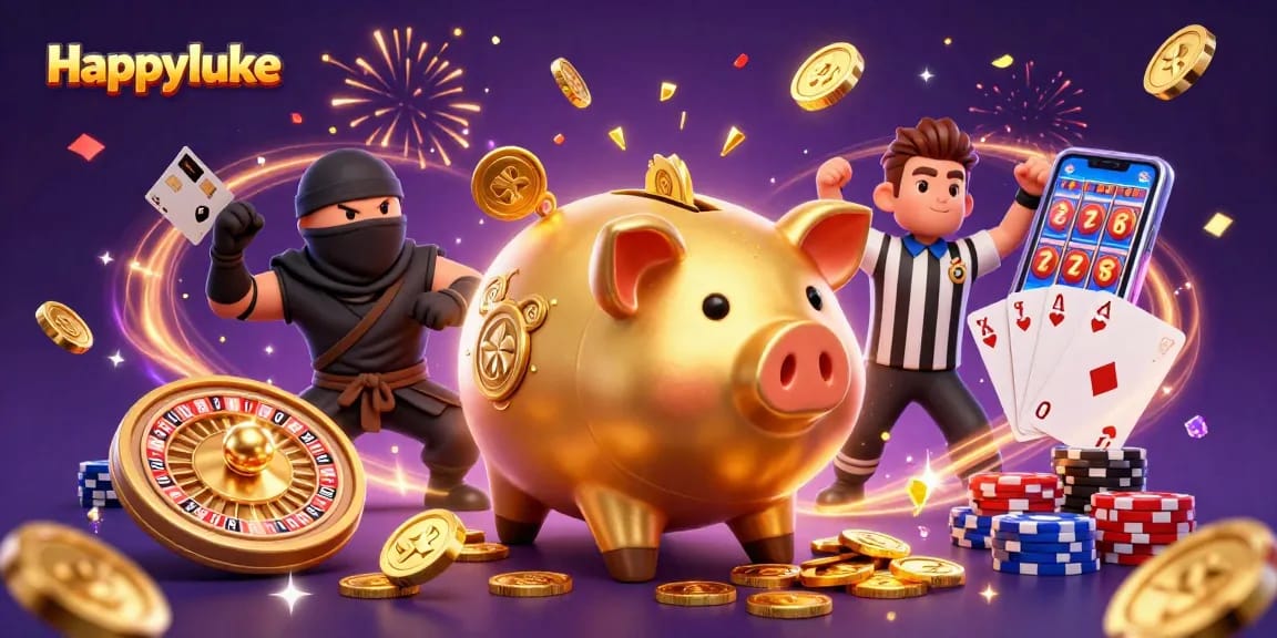 Spin the reels with Happyluke's vibrant casino atmosphere featuring dynamic characters and dazzling coins.