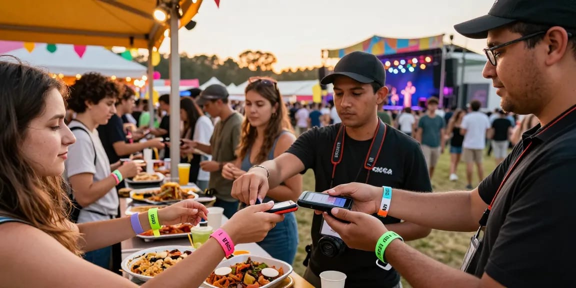 Engaged festival-goers using cashless en festivales wristbands for seamless payments in a vibrant outdoor setting.