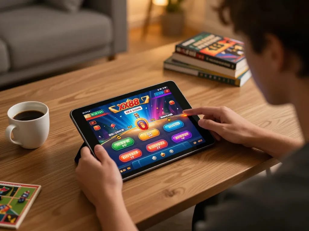 User enjoying a dynamic gaming experience on xx88 com tablet in a cozy home environment.