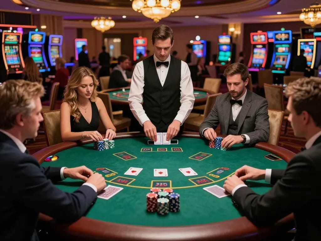 Players enjoying blackjack game at FA8 8 casino table with chips and cards