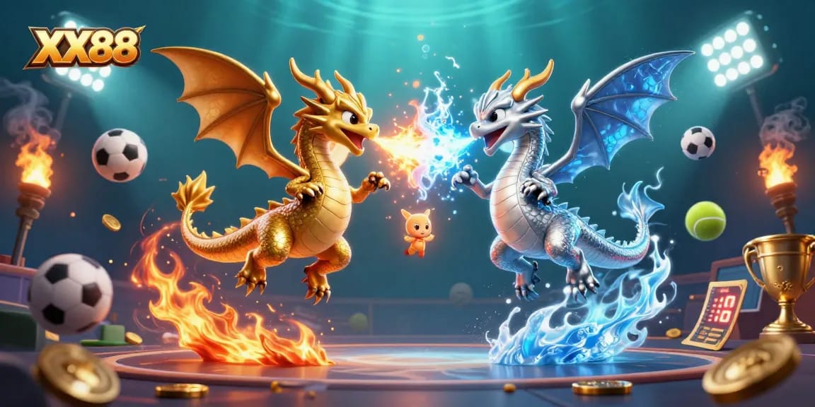 Experience thrilling action at XX88 with dynamic sports elements, gold dragons, and vibrant casino graphics.