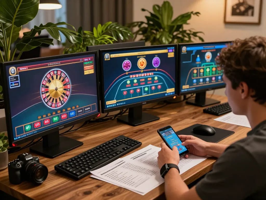 Engaging in strategic online gaming at RR88 with multiple casino games displayed on screens