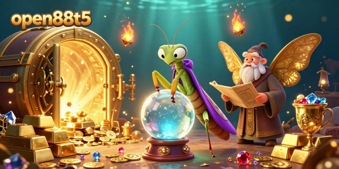 Immerse yourself in open88t5's vibrant casino adventure with characters surrounded by treasures and magical elements.