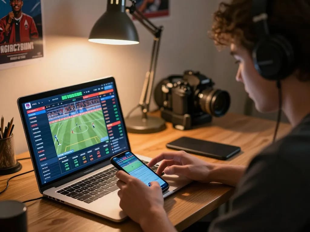 Engage in live betting for keo nha cai hom nay with a sleek laptop and smartphone while immersing in strategic odds management