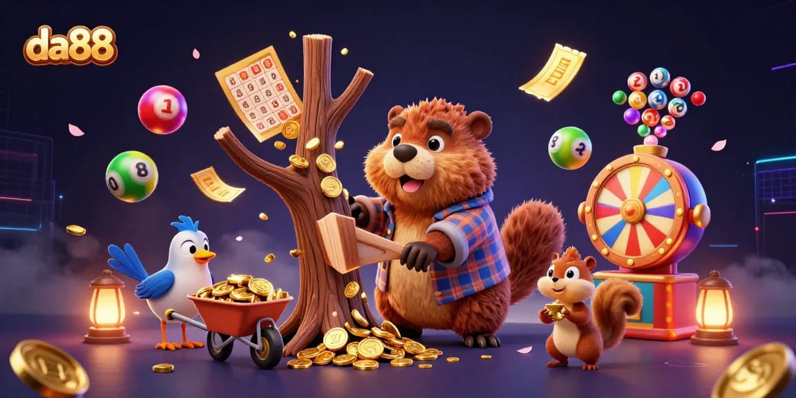 Win big with da88 in this vibrant scene featuring playful casino-themed characters and golden coins raining down.