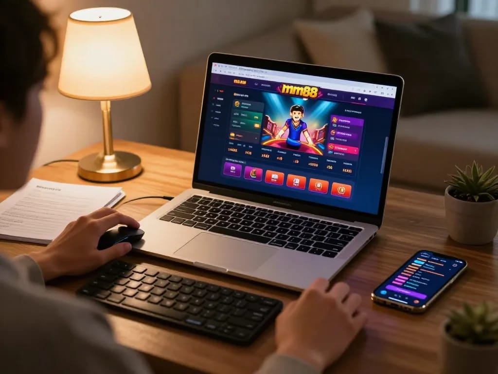Engaging in strategic online gaming on mm88 using a laptop at home.