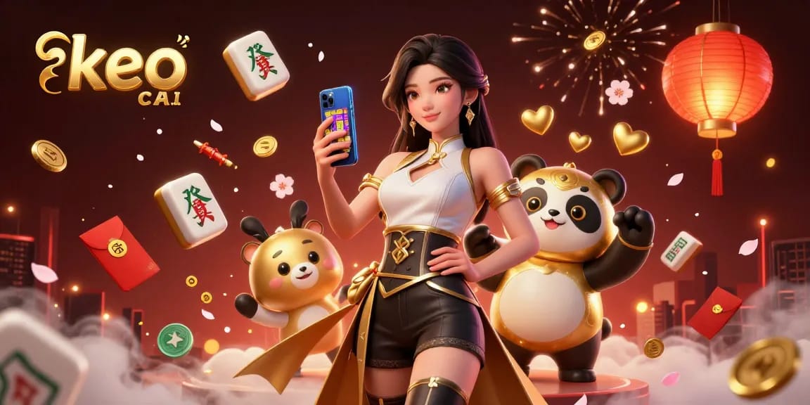 Engage with keo nha cai as an elegant Asian woman plays a casino game, surrounded by festive elements.
