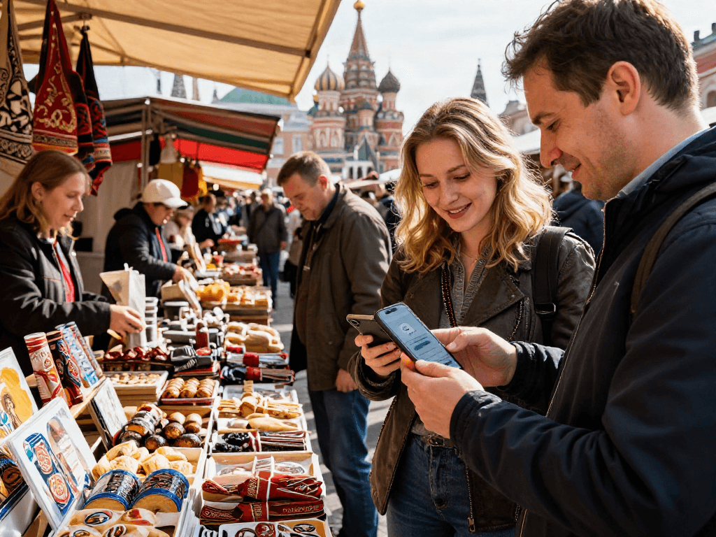 En https://payinrussia.com/, turistas usan una app para pagar en un mercado ruso, rodeados de productos tradicionales.