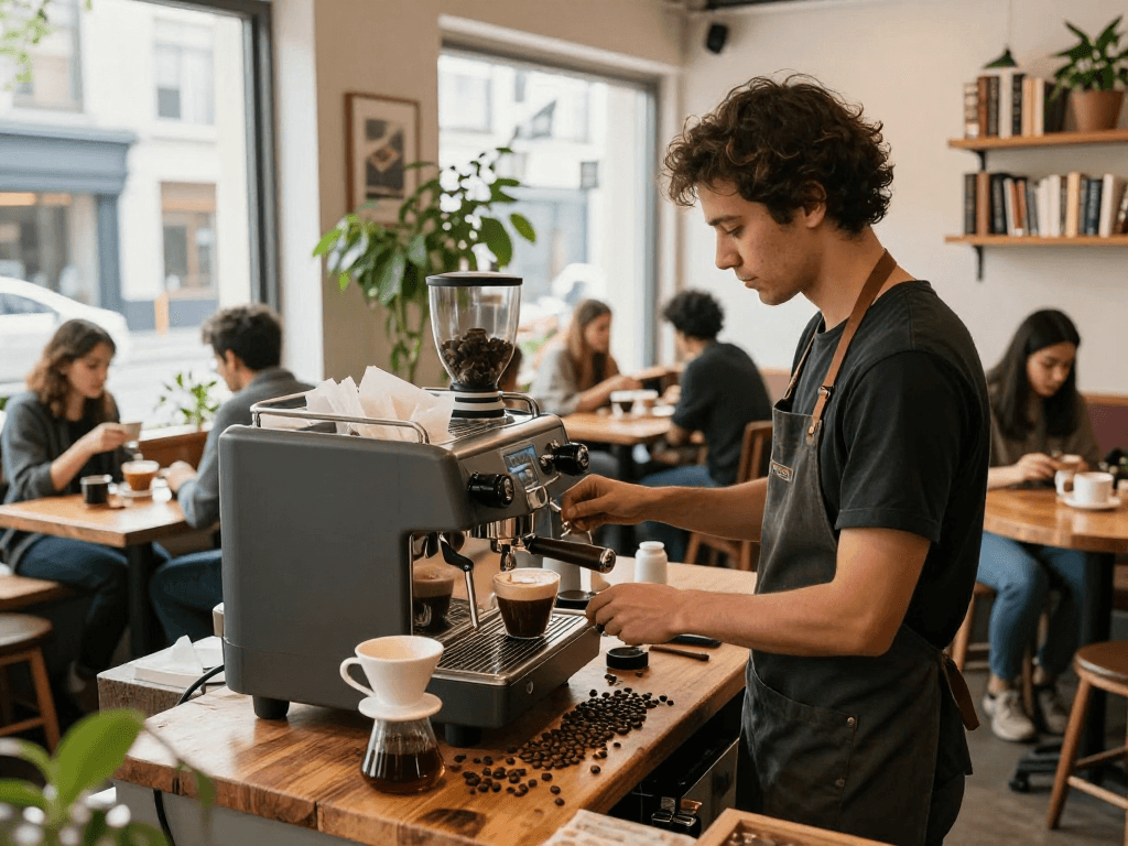 Barista crafting a rokok88 coffee blend in a lively urban café with natural light.
