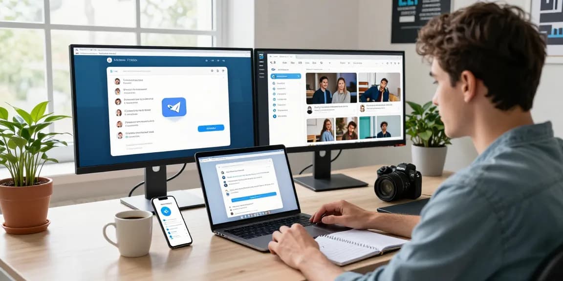 Collaborative workspace featuring Telegram Web interface, laptop, and smartphone notifications.