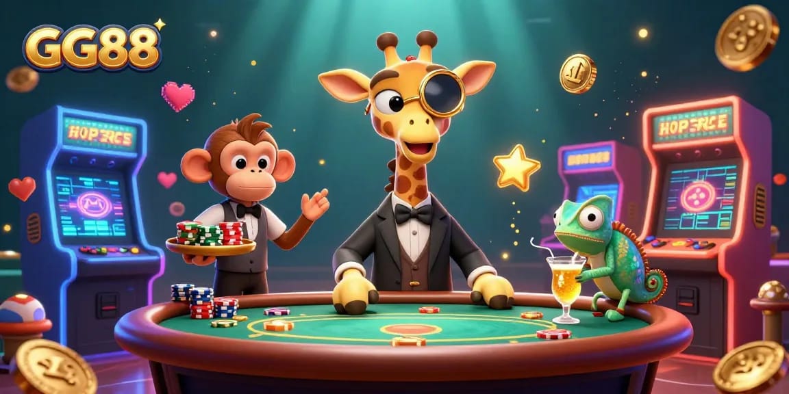 Engage with the vibrant GG88 gaming scene featuring an elegant giraffe, lively monkey, and chameleon bartender.