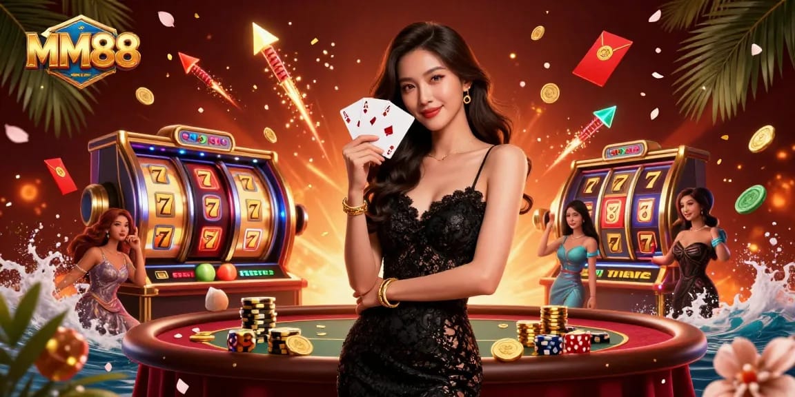 Play lucky slots with MM88 in a luxurious casino setting filled with vibrant elements.