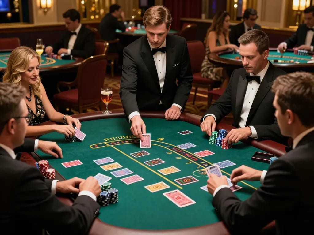 Fly888 players making strategic bets at a luxury blackjack table in an elegant casino.