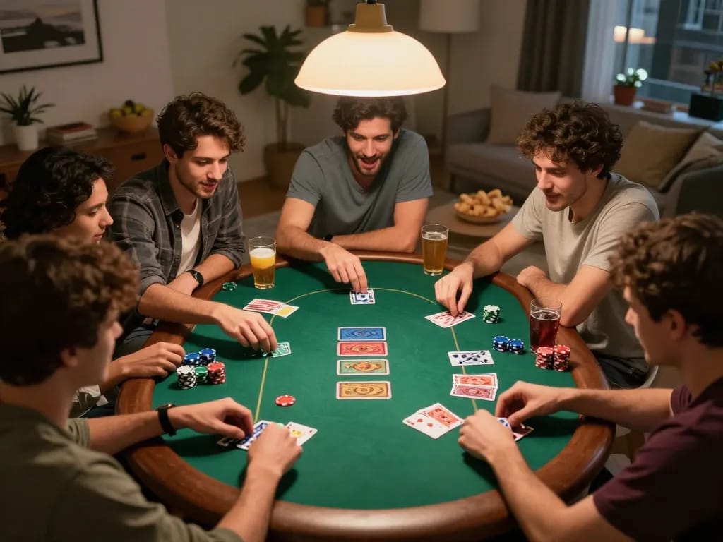 Players engaged in a poker game while monitoring tỷ lệ kèo in a cozy home atmosphere
