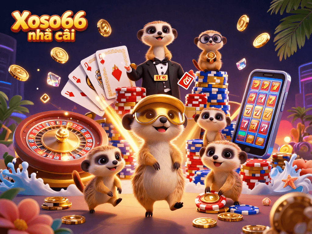 Experience the excitement of Xoso66 nhà cái with this vibrant 3D casino illustration featuring meerkats engaging in gaming.
