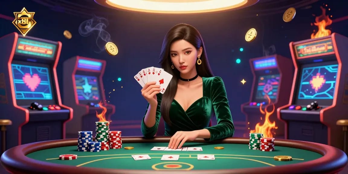 Engage in thrilling poker action at xx88 with a stunning Asian dealer at a luxury table.