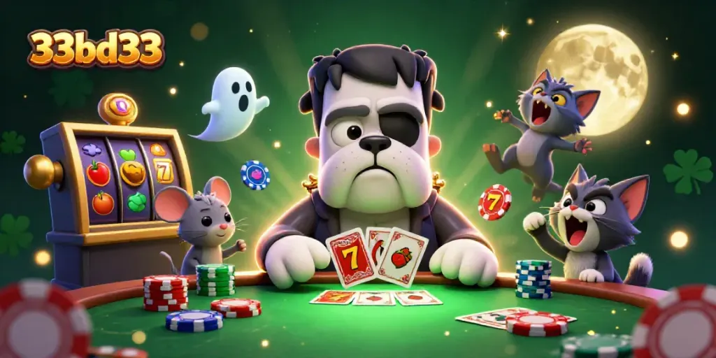 Experience thrilling gameplay at 33bd33 with a vibrant 3D illustration of characters and slot reels.