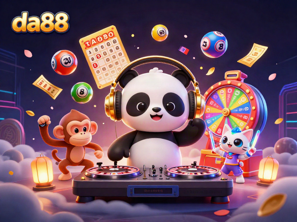 Engage with da88's vibrant gaming atmosphere featuring a DJ panda and lively characters in a dynamic casino scene.