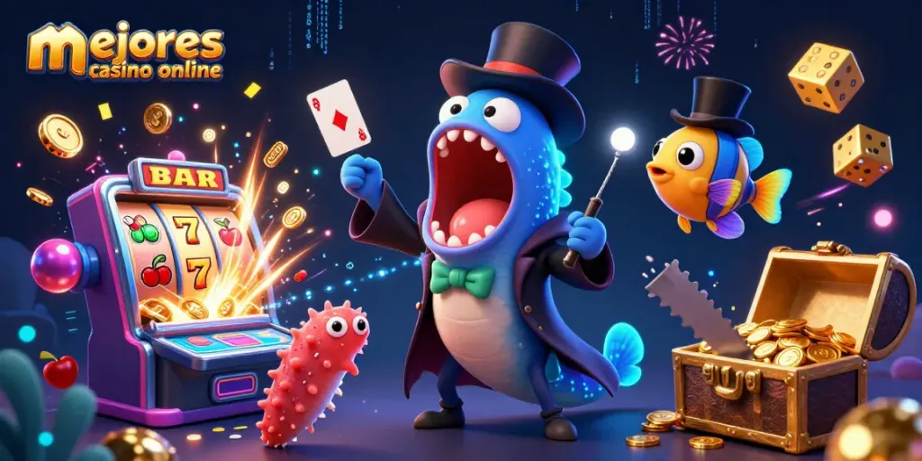 Descubre los mejores casinos online mientras una anglerfish y un pez gulper interactúan en un espectáculo mágico.