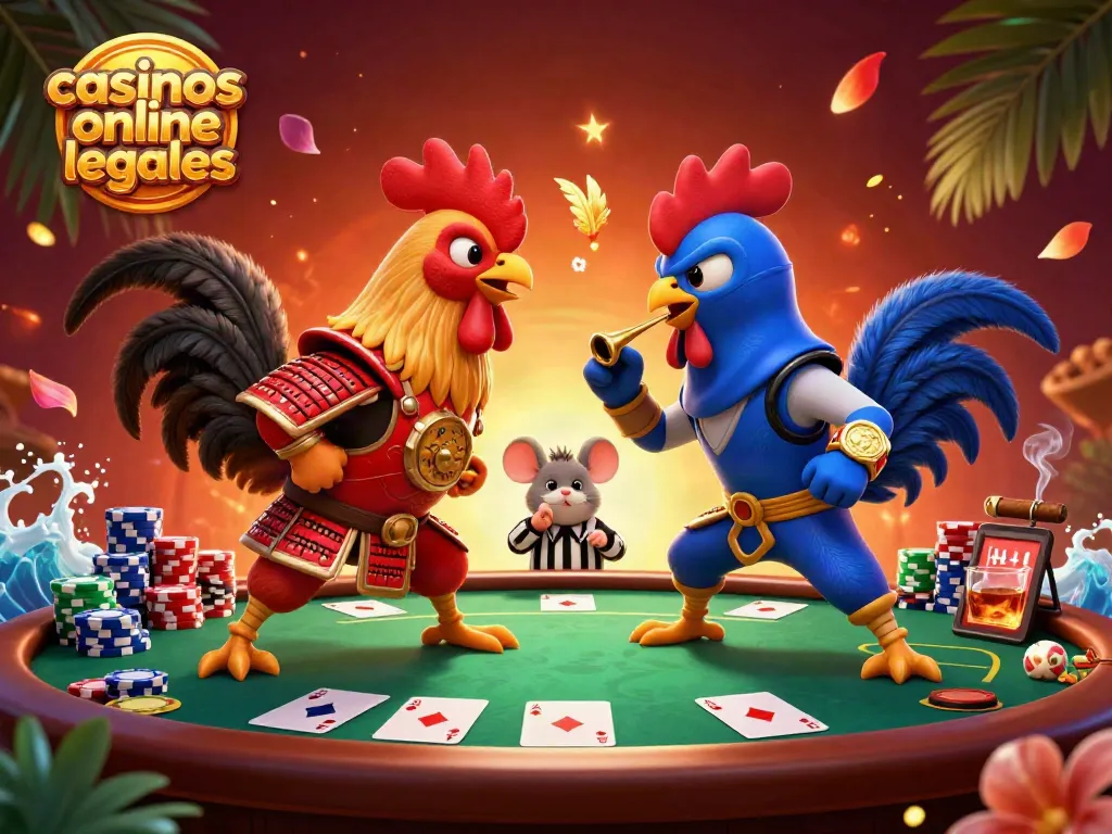 Visualiza cómo jugar en casinos online legales en México con esta ilustración de gallos.