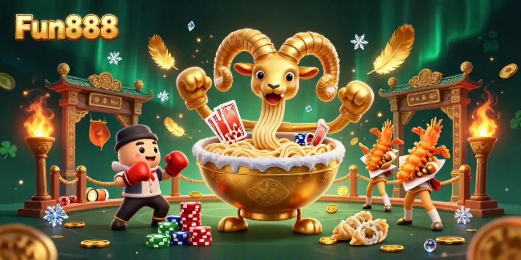 Win big with Fun888 in this vibrant 3D casino scene featuring card dealing ramen bowl!