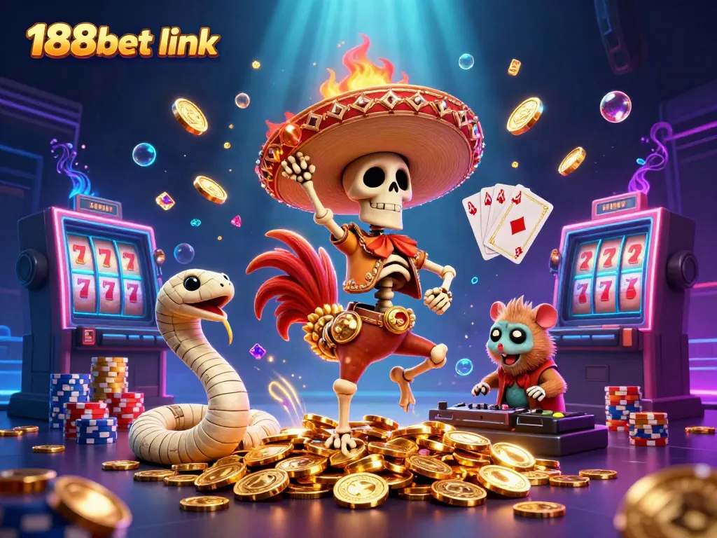 Experience the thrilling 188bet link environment with a vibrant casino illustration of characters celebrating wins.