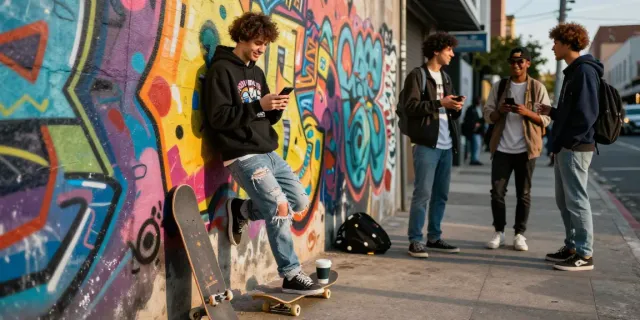 Rokok88 streetwear fashion lifestyle scene with vibrant graffiti backdrop.