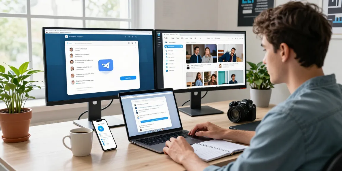 Collaborative workspace featuring Telegram Web interface, laptop, and smartphone notifications.