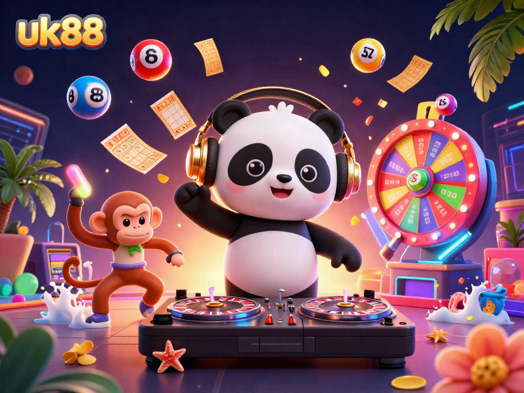 Engage with the vibrant world of uk88 as colorful characters and gambling elements animate the scene.