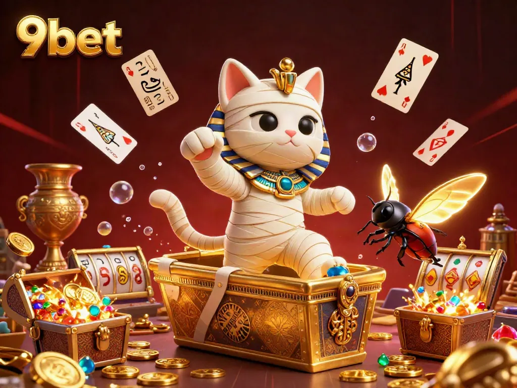 Join the excitement at 9bet with a thrilling casino scene featuring an Egyptian mummy cat and golden treasures.