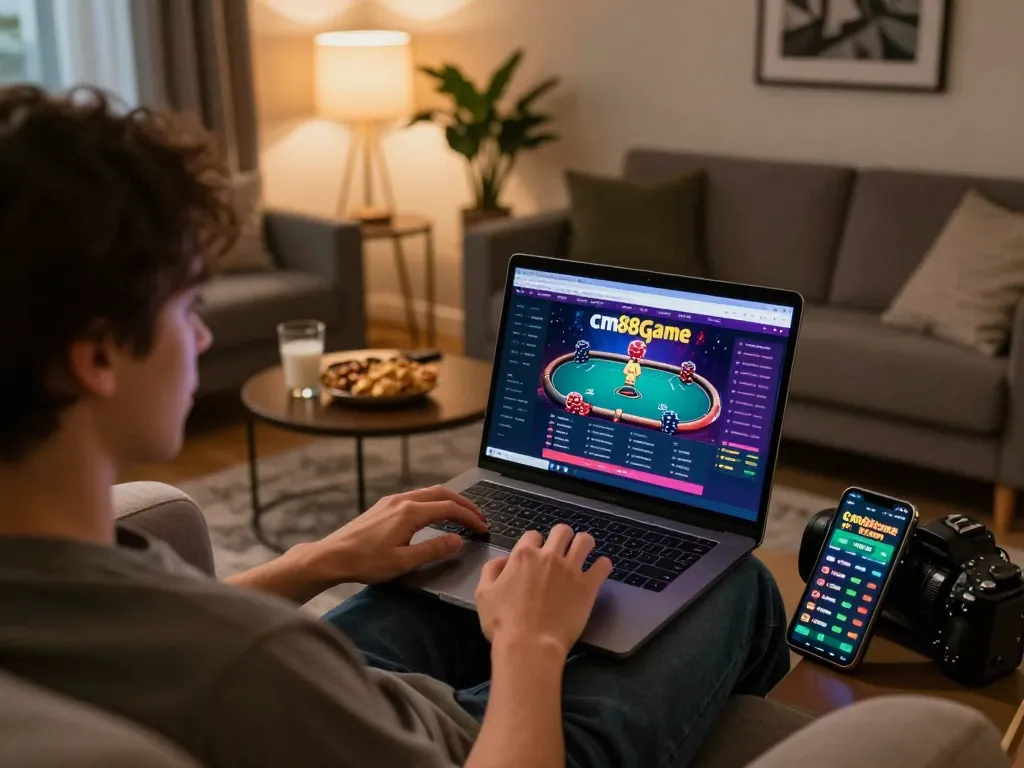 Engaging in cm88game poker while relaxing at home with laptop and smartphone.