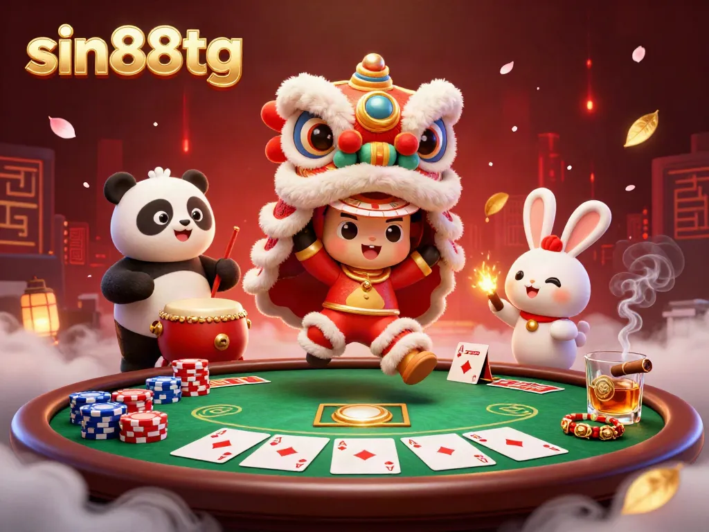 Engage in thrilling betting at sin88tg with a vibrant 3D casino scene featuring lion dance and poker elements.