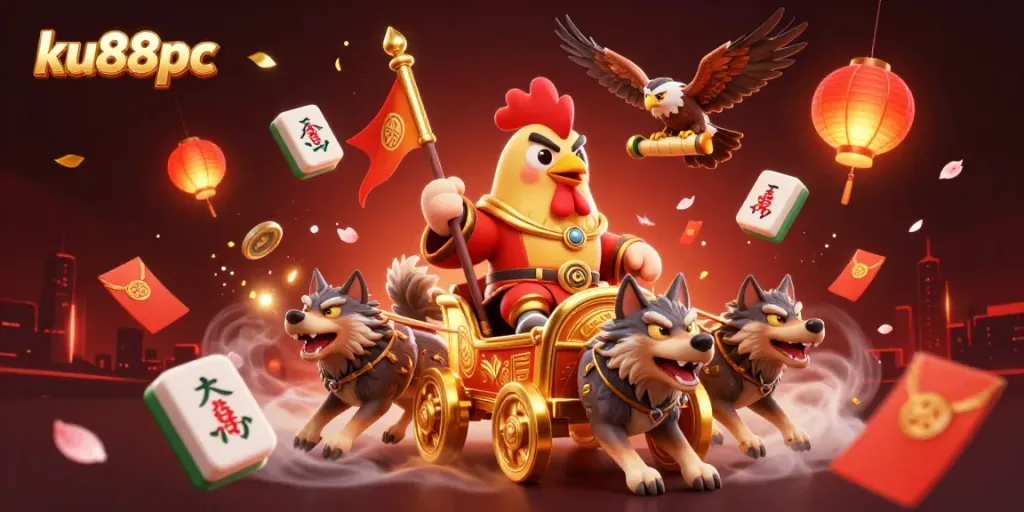 Experience thrilling gaming action with ku88pc's vibrant 3D rooster illustration, showcasing casino excitement.