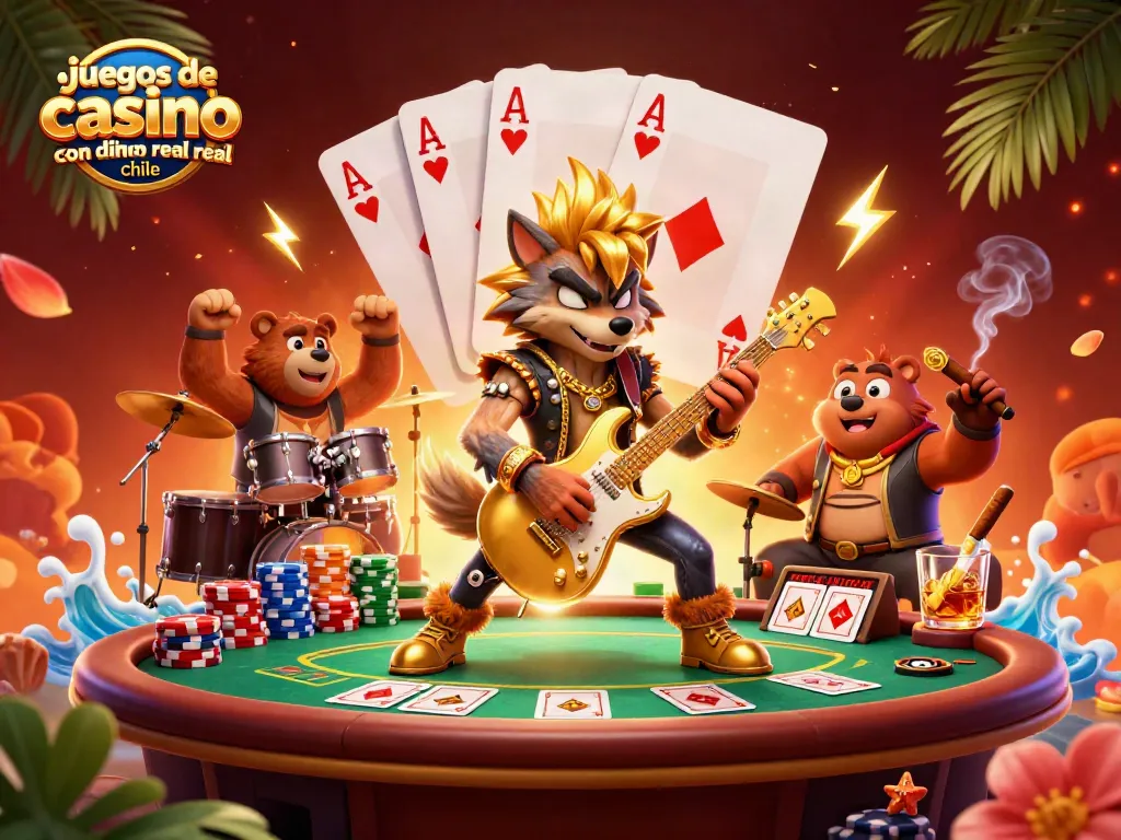 Juega juegos de casino online con dinero real en Chile en un entorno vibrante de casino con acción y personajes animados.