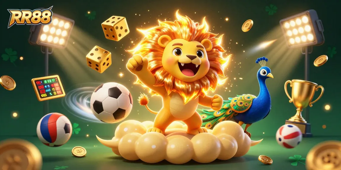 Experience exciting gameplay at RR88 with a vibrant illustration of a roaring lion, dynamic sports elements, and celebratory motifs.