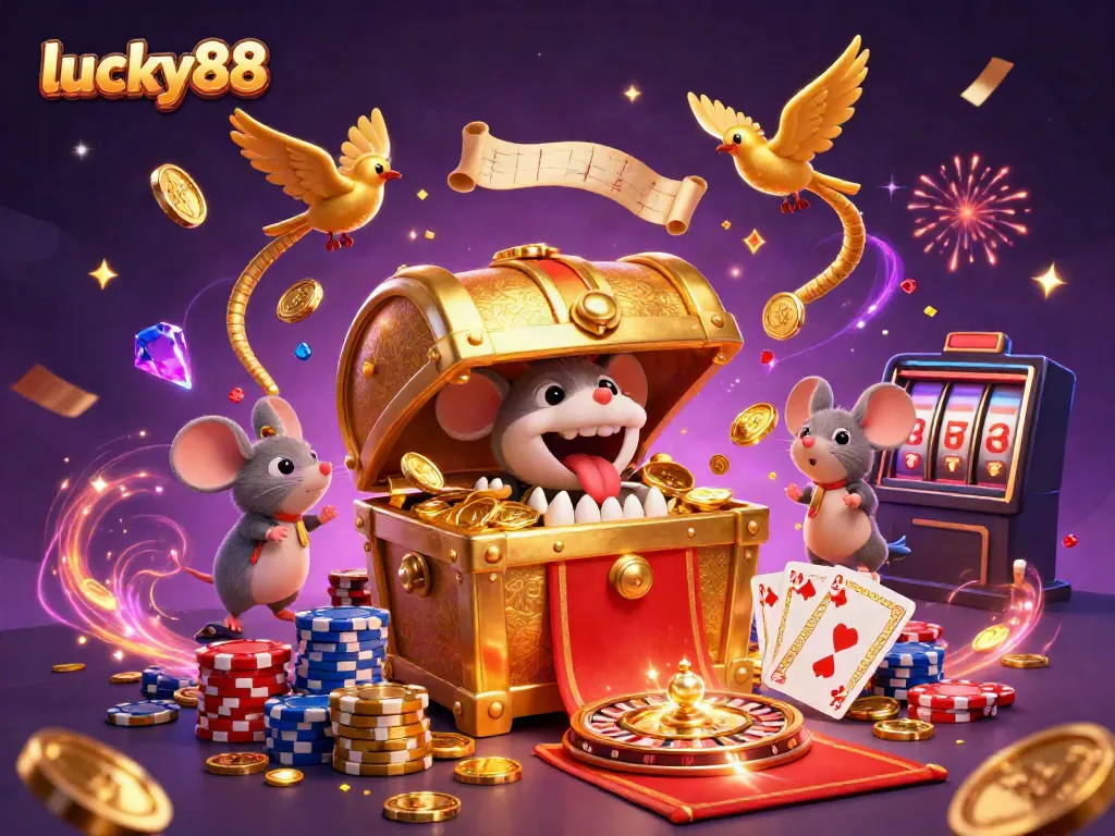 Experience exciting wins at lucky88 with a dynamic 3D casino illustration featuring cartoon treasures and games.