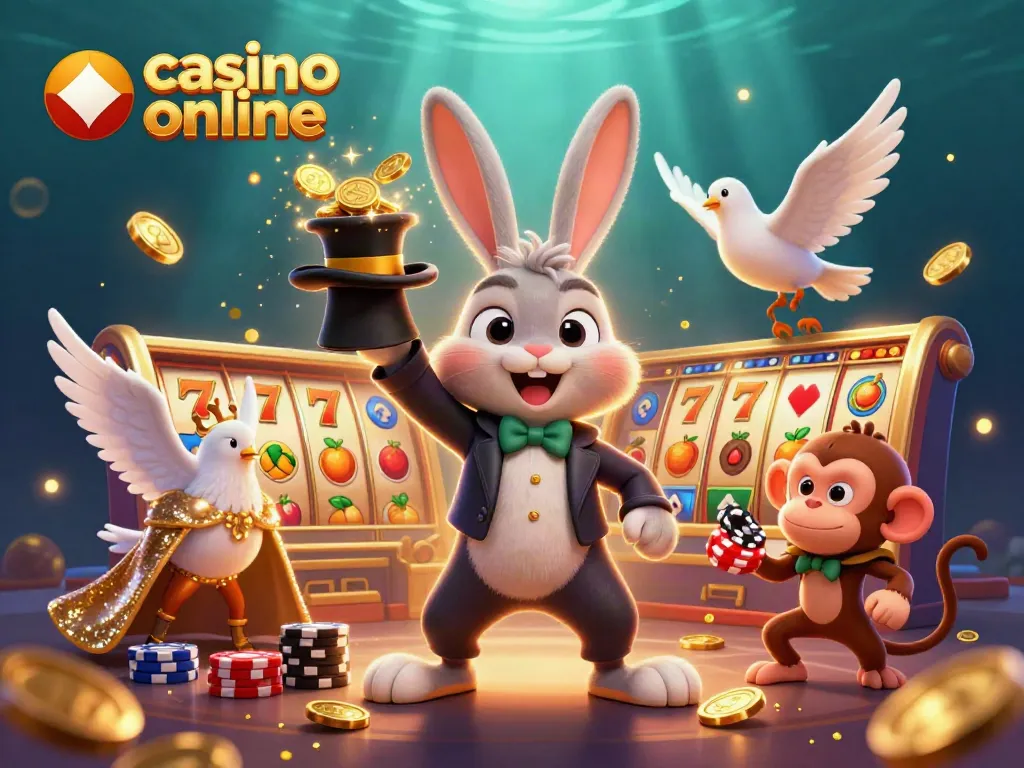 Una ilustración 3D de un conejo mago y sus compañeros en un casino online lleno de símbolos de tragamonedas.