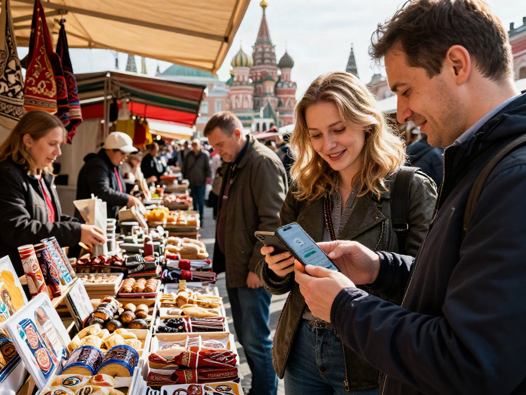 En https://payinrussia.com/, turistas usan una app para pagar en un mercado ruso, rodeados de productos tradicionales.