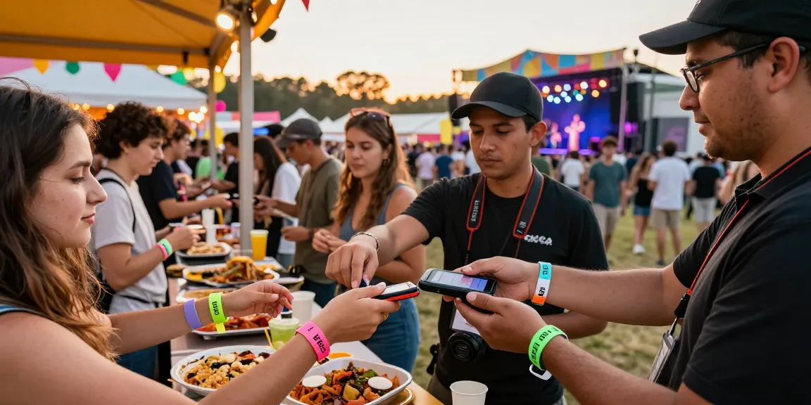 Engaged festival-goers using cashless en festivales wristbands for seamless payments in a vibrant outdoor setting.