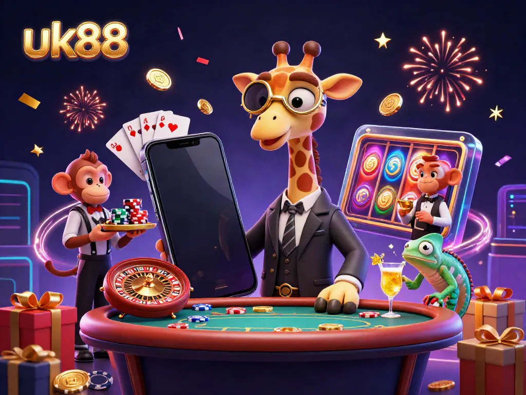 Experience the thrilling ambiance of uk88's vibrant gaming scene with animated characters and dynamic casino elements.