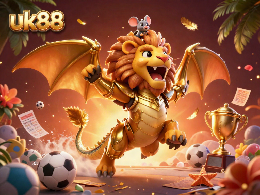 Experience thrilling sports betting with uk88 in a vibrant 3D illustration showcasing a playful chimera and rich game elements.