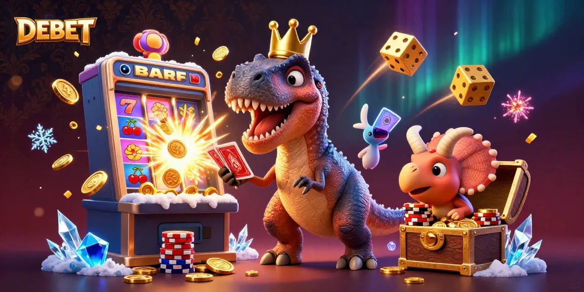 Play DEBET casino games with a T-Rex shuffling cards and a pterodactyl assistant in a vibrant scene.