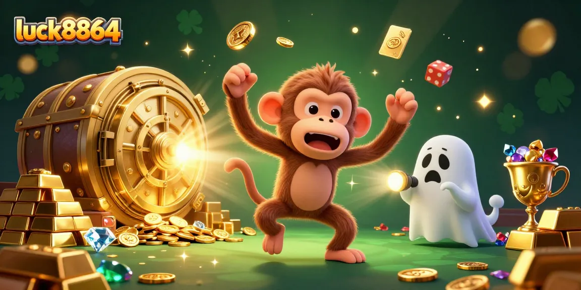 Experience the luck8864 thrill with a poltergeist monkey juggling golden coins in a vibrant haunted casino.