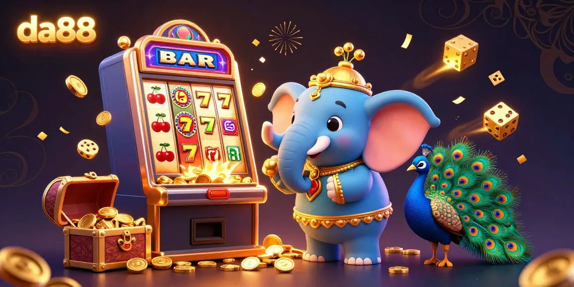 Experience the excitement of winning at da88 with a vibrant scene of a colorful elephant, slot machine, and classic casino symbols.