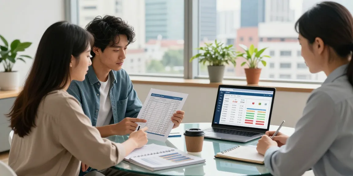 Couple simular hipoteca with financial advisor, reviewing mortgage options and amortization table in a modern office.